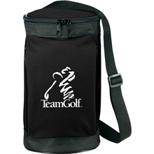 aerial view a black 6- can event golf bag with a koozie cooler, image 1 of 4