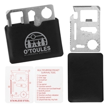 aerial view a stainless steel w/black pouch credit card multi tool, image 1 of 2