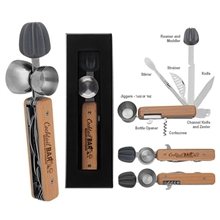 aerial view a beechwood handle w/stainless steel cocktail accessories 10- in -1 cocktail multi tool, image 1 of 13