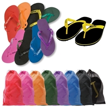 a group of adult flip flops in mesh drawstring bag