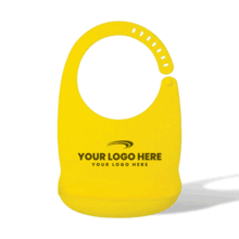 aerial view a group of silicone baby bib with adjustable neck closure, image 1 of 3