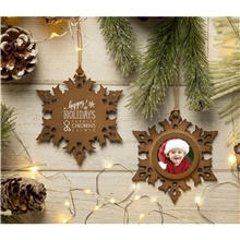 a group of wood photo ornament