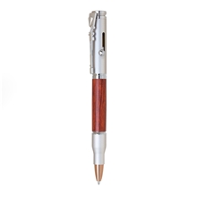a silver balckpen bullet - shaped twist - action chrome ballpoint pen w / wood barrel, rifle clip