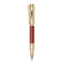 a gold balckpen bullet - shaped twist - action gold ballpoint pen w / wood barrel, rifle clip