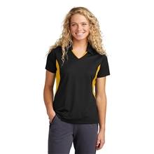 aerial view a black/ gold sport - tek(r) womens side blocked micropique sport - wick(r) polo, image 1 of 5