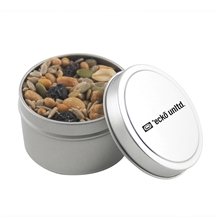 a silver round tin with trail mix