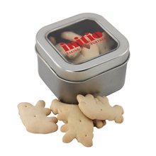 a silver window tin with animal crackers