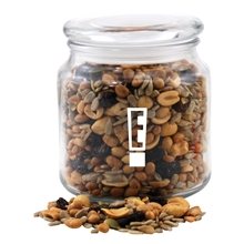 a clear glass jar jar with trail mix