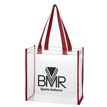 aerial view a clear with maroon trim clear vinyl game tote bag, image 1 of 3