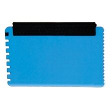 aerial view a translucent blue credit card sized ice scraper, image 1 of 2