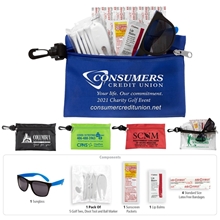 CHIP 14 Piece Golf Kit in Supersized Zipper Pouch Components inserted into Zipper Pouch with Plastic Carabiner Attachment