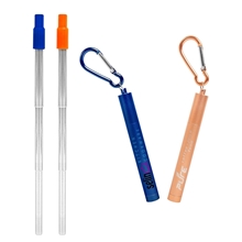 Eco - Friendly Reusable Stainless - Steel Straw In An Anodized Travel Container With Carabiner Clip And Cleaning Brush