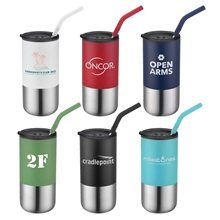 Emery 16 oz Double Walled Stainless Steel Tumbler w / Silicone Tip Straw