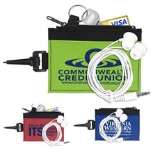 Mobile Tech Earbud Kit in Travel ID Wallet Components inserted into Zipper Pouch ID Wallet