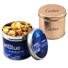 round tin with caramel popcorn