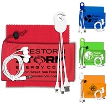 TECH TIME Mobile Tech Charging Kit with Earbuds and Charging Cable in Microfiber Cinch pack Components inserted into Microfiber Kit