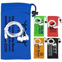 TUNEBOOM Mobile Tech Earbud Kit in Microfiber Cinch Pack Components inserted into Microfiber Kit