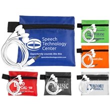 ZIPTUNE Mobile Tech Earbud Kit In Zipper Pack Components inserted into Polyester Zipper Kit