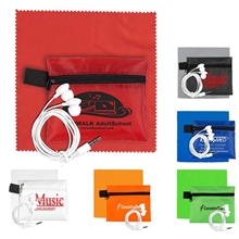 ZIPTUNE PLUS Mobile Tech Earbud Kit with Microfiber Cleaning Cloth In Zipper Pack Components inserted into Polyester zipper Kit