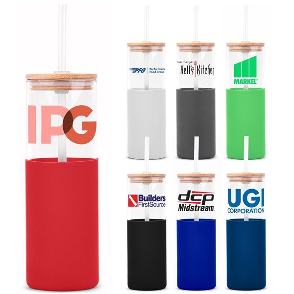 GLASS TUMBLER W/SILICONE SLEEVE + BAMBOO LID/STRAW
