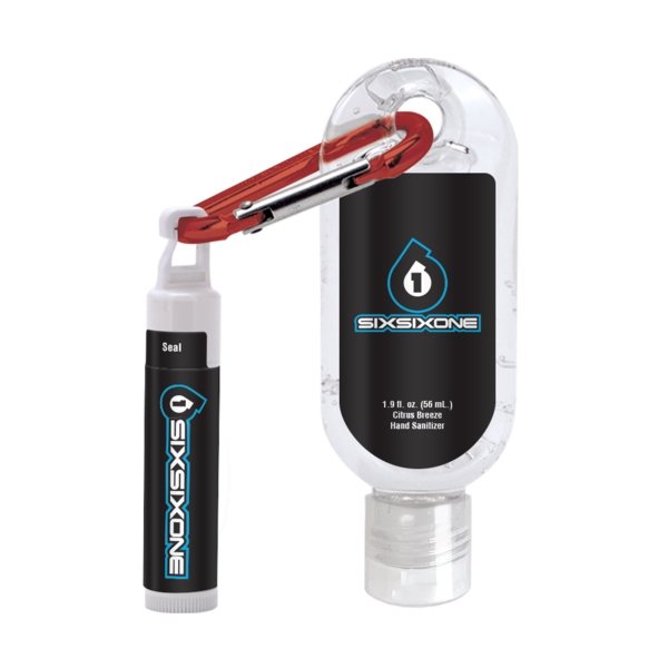 1.9 oz Clear Sanitizer with Carabiner attached to SPF 15 Lip Balm