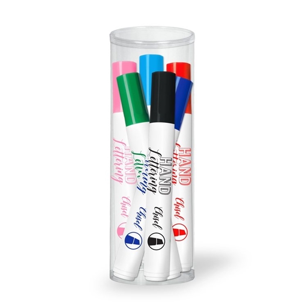 Chisel Point Pencil Lettering Promotional Chisel Tip Hand Lettering Markers- 6 Pack Tube Set