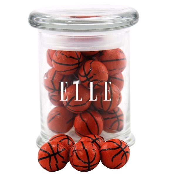 3 Round Glass 8 oz Jar with Chocolate Basketballs