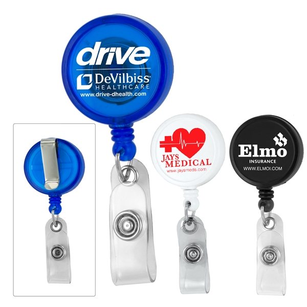 30 Cord Round Jumbo Imprint Retractable Badge Reel with Metal Slip Clip Backing and Badge Holder