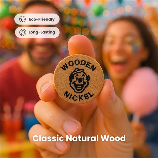 aerial view a group of 1-1/2 natural wood wooden nickel, image 3 of 5