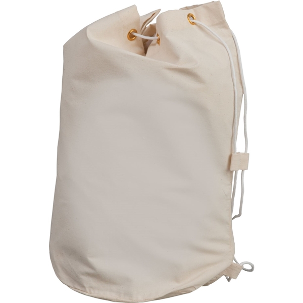aerial view a natural drawstring cotton barrel bag, image 2 of 2