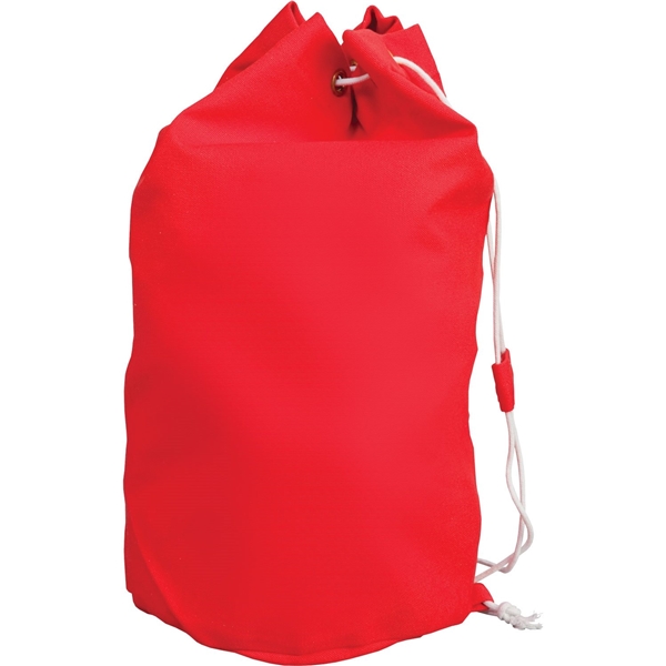 aerial view a red drawstring cotton barrel bag, image 2 of 2