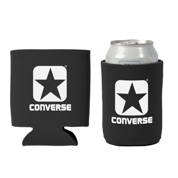 aerial view a black promotional custom collapsible faux neoprene can cooler cup holder, image 2 of 2