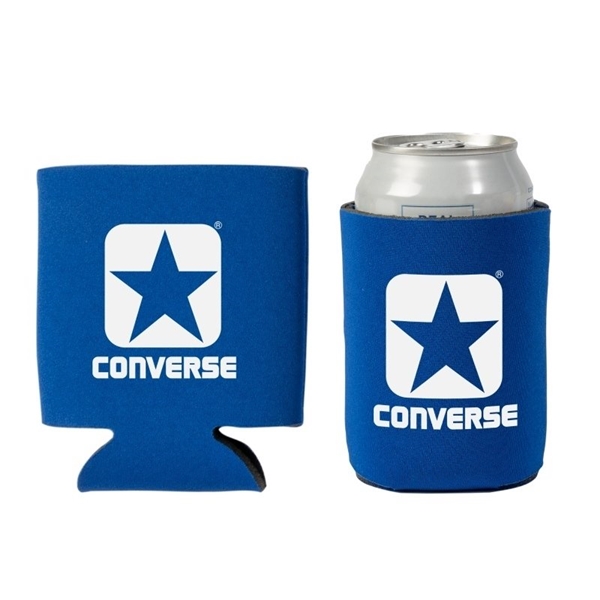 aerial view a blue promotional custom collapsible faux neoprene can cooler cup holder, image 2 of 2