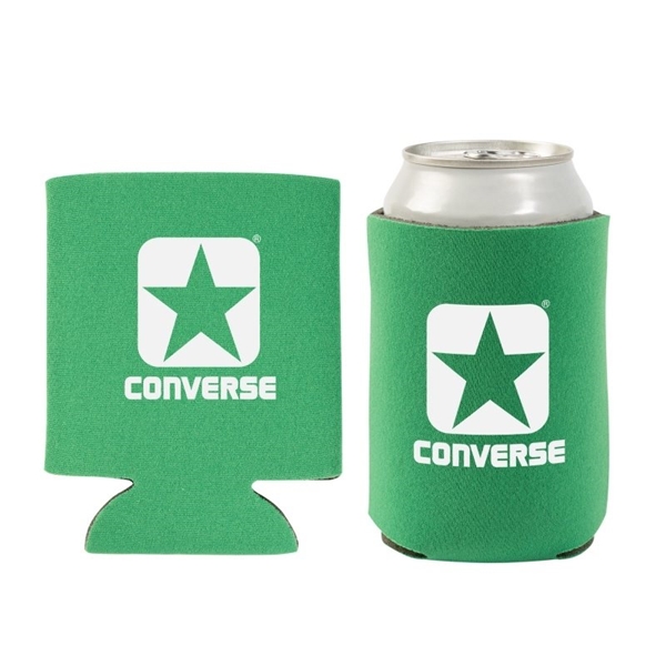 aerial view a green promotional custom collapsible faux neoprene can cooler cup holder, image 2 of 2