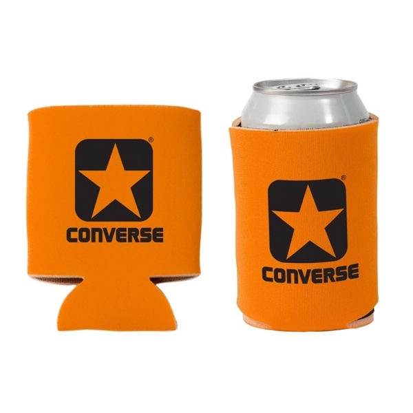 aerial view a orange promotional custom collapsible faux neoprene can cooler cup holder, image 2 of 2