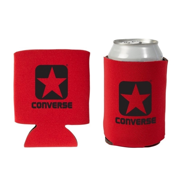 aerial view a red promotional custom collapsible faux neoprene can cooler cup holder, image 2 of 2