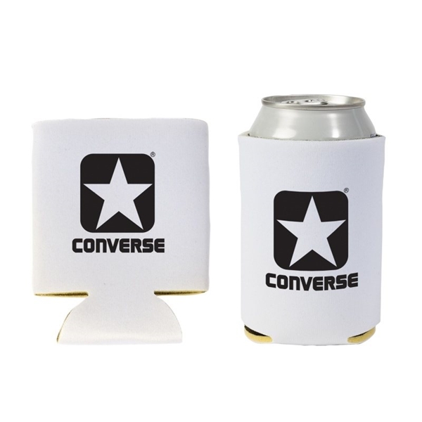 aerial view a white promotional custom collapsible faux neoprene can cooler cup holder, image 2 of 2