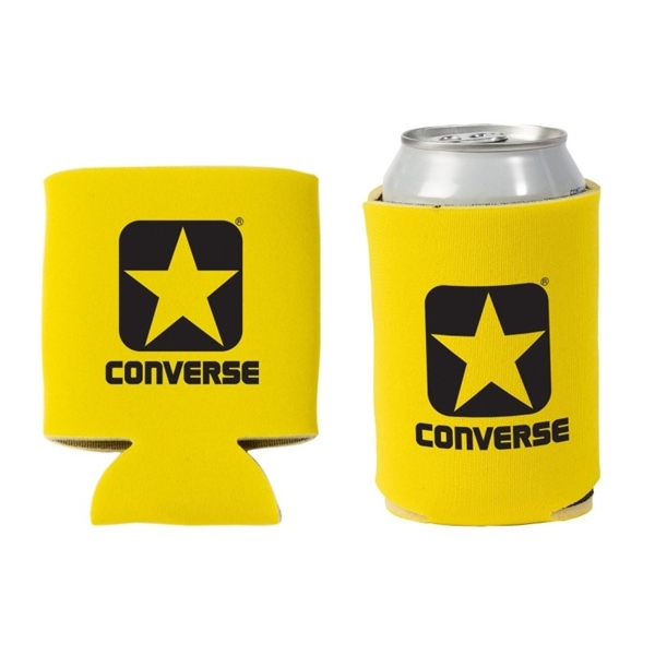 aerial view a yellow promotional custom collapsible faux neoprene can cooler cup holder, image 2 of 2