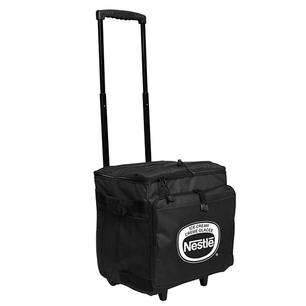 aerial view a black 48- can rolling lunch box cooler, image 2 of 3