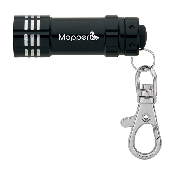 aerial view a black aluminum 3- led lobster clip flashlight with multiple color choices, image 2 of 5