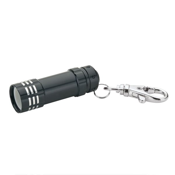 aerial view a black aluminum 3- led lobster clip flashlight with multiple color choices, image 3 of 5