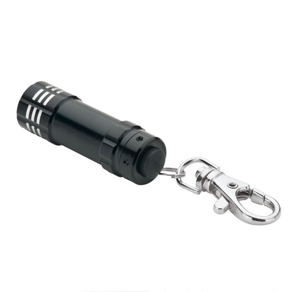 aerial view a black aluminum 3- led lobster clip flashlight with multiple color choices, image 4 of 5