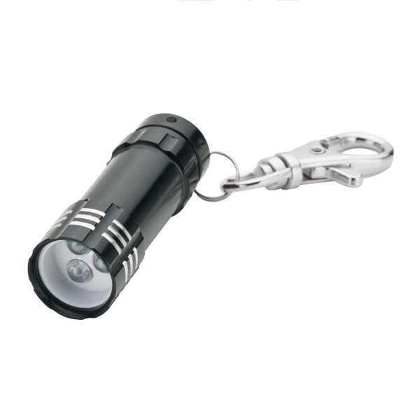 aerial view a black aluminum 3- led lobster clip flashlight with multiple color choices, image 5 of 5