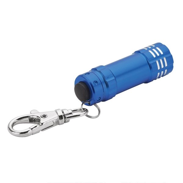 aerial view a blue aluminum 3- led lobster clip flashlight with multiple color choices, image 5 of 5