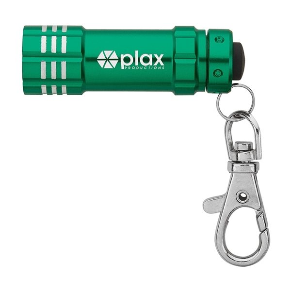 aerial view a green aluminum 3- led lobster clip flashlight with multiple color choices, image 2 of 5