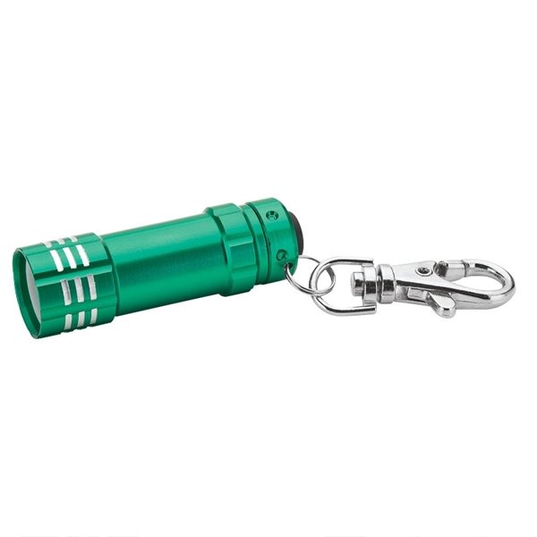 aerial view a green aluminum 3- led lobster clip flashlight with multiple color choices, image 3 of 5