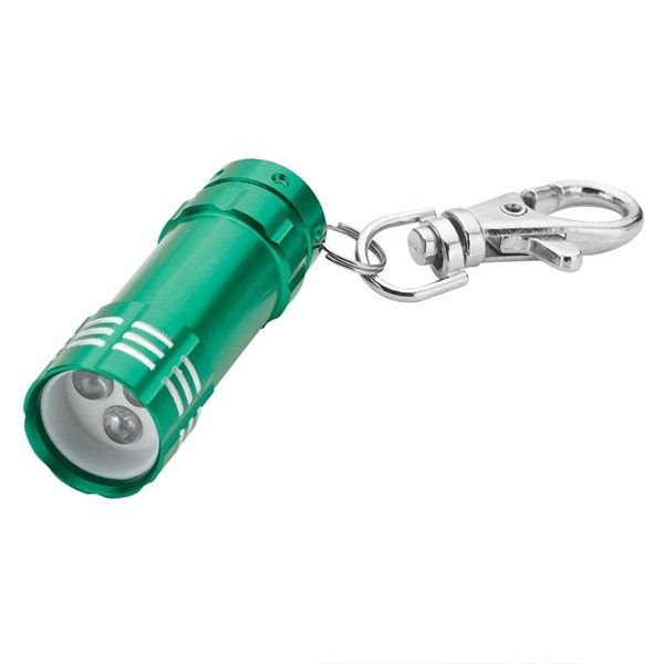 aerial view a green aluminum 3- led lobster clip flashlight with multiple color choices, image 4 of 5