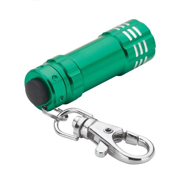 aerial view a green aluminum 3- led lobster clip flashlight with multiple color choices, image 5 of 5