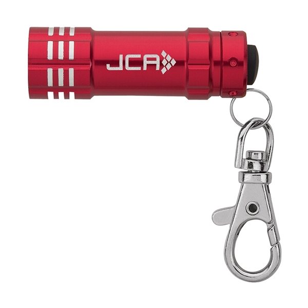 aerial view a red aluminum 3- led lobster clip flashlight with multiple color choices, image 2 of 5