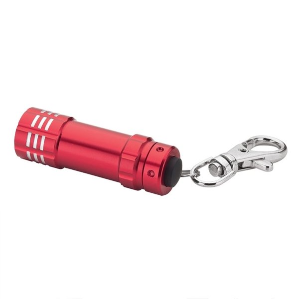 aerial view a red aluminum 3- led lobster clip flashlight with multiple color choices, image 3 of 5